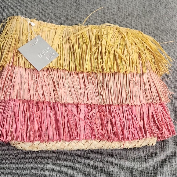Deux Lux Handbags - Deux Lux Pink and Yellow Straw Fringe Clutch